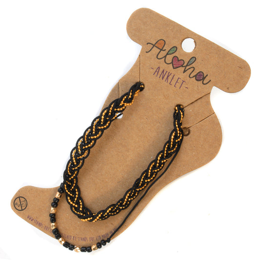 Aloha Summer Anklet Bracelet - Black And Gold Braid