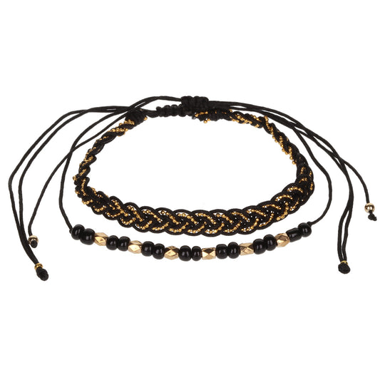 Aloha Summer Anklet Bracelet - Black And Gold Braid