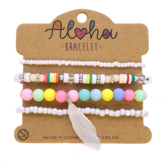 AL044 - Aloha Festival Multi Stack Bracelets - Multicoloured/White Feather