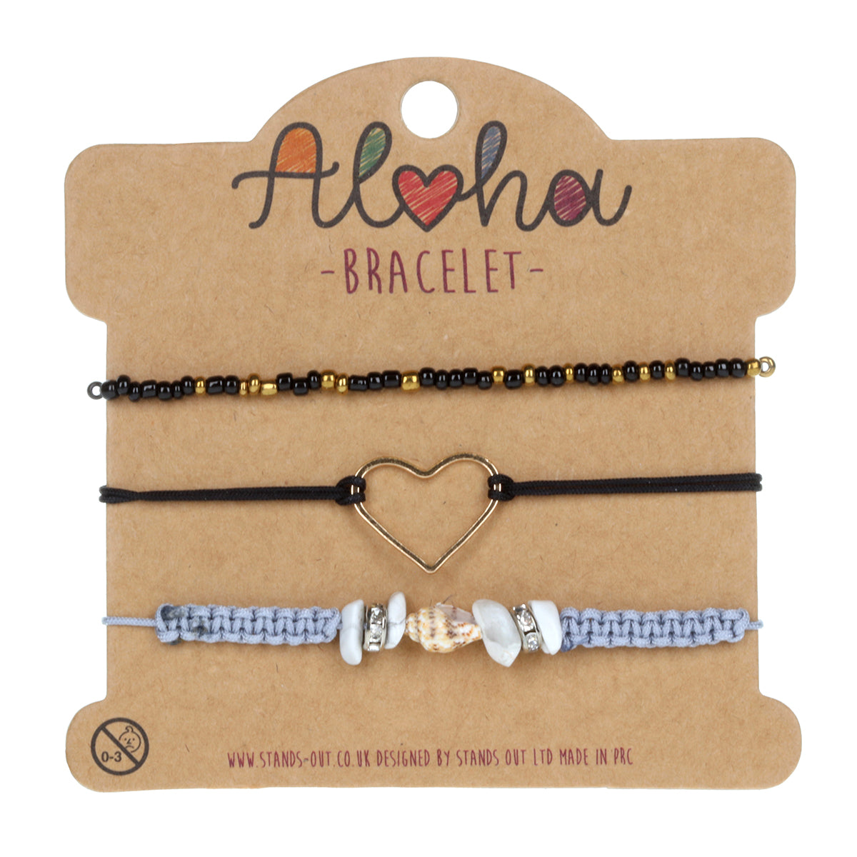 AL045 - Aloha Festival Multi Stack Bracelets - Black And Grey/Heart Charm