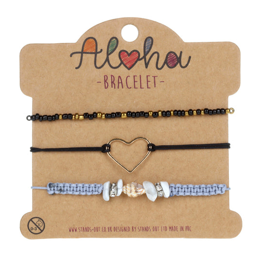 AL045 - Aloha Festival Multi Stack Bracelets - Black And Grey/Heart Charm