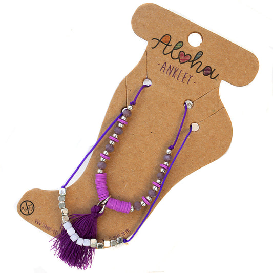 AL046 - Aloha Summer Anklet Bracelet - Purple And Silver/Tassel