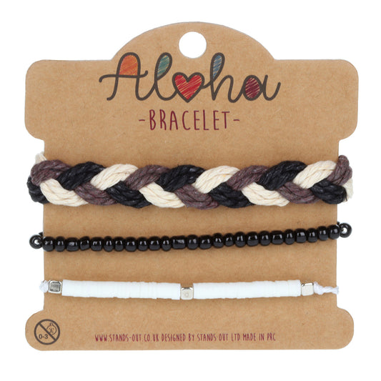 AL051 - Aloha Festival Multi Stack Bracelets - Black And White/Chunky Braid