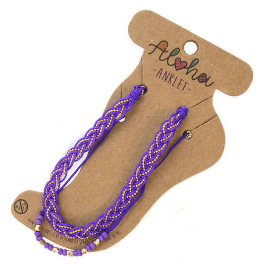 Aloha Summer Anklet Bracelet - Purple And Gold Braid