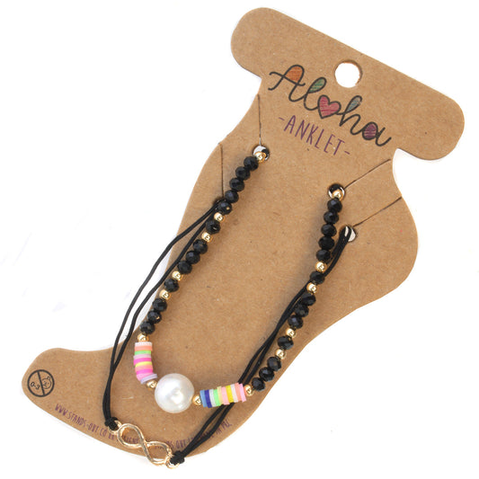 Aloha Summer Anklet Bracelet - Black And Gold/Infinity Charm