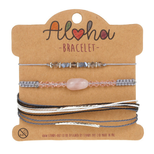 AL057 - Aloha Festival Multi Stack Bracelets - Grey And Silver/Pink Marble Charm