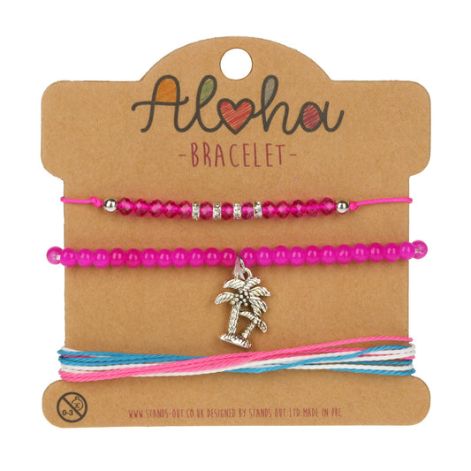 AL061 - Aloha Festival Multi Stack Bracelets - Hot Pink/Palm Tree Charm