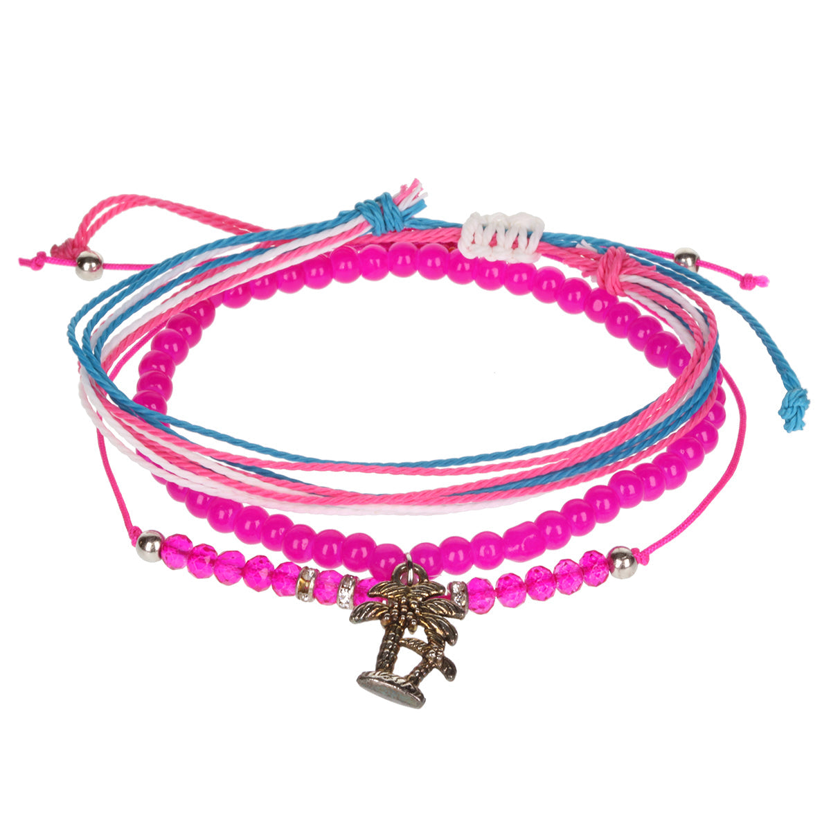 AL061 - Aloha Festival Multi Stack Bracelets - Hot Pink/Palm Tree Charm