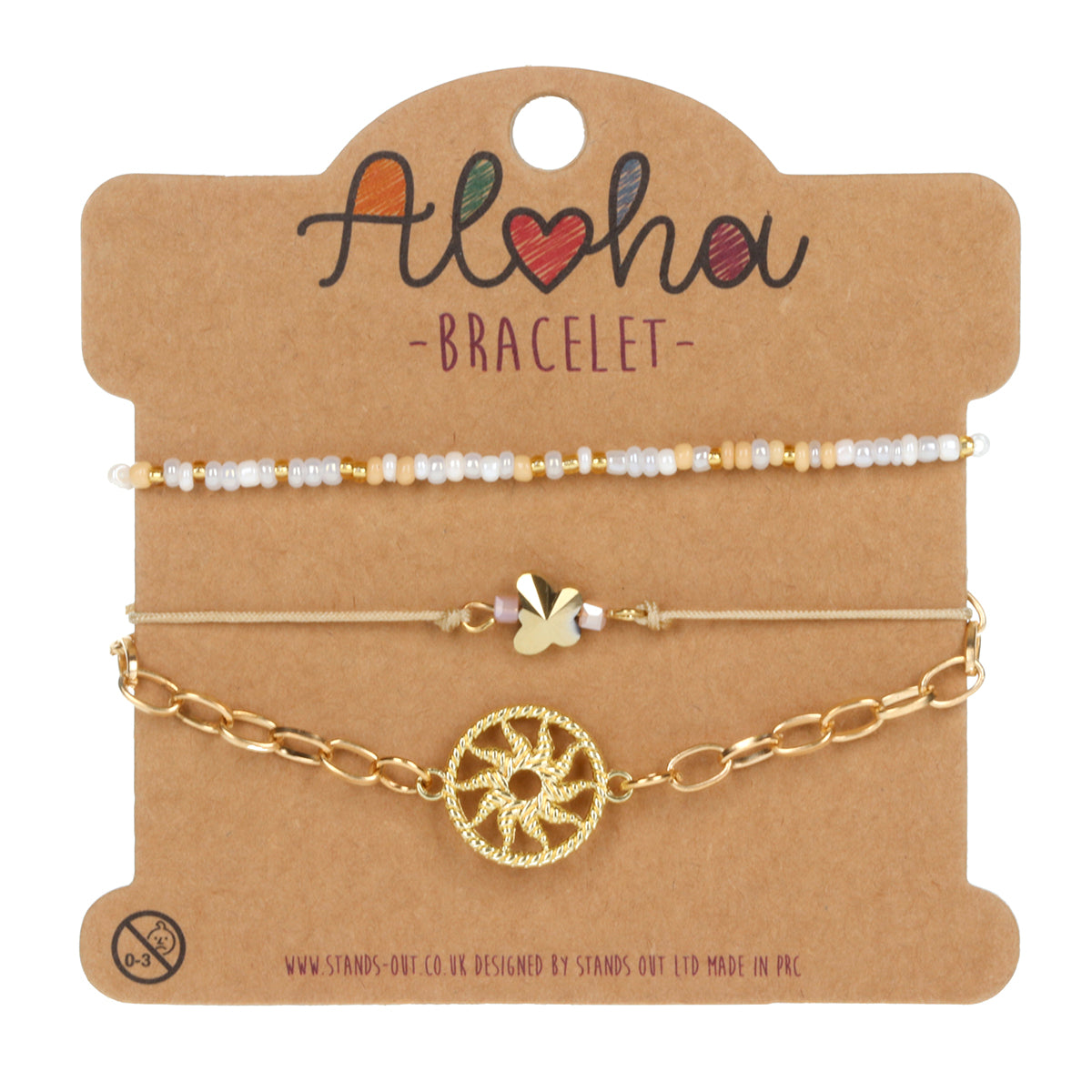 AL062 - Aloha Festival Multi Stack Bracelets - Gold And White/Sun Charm