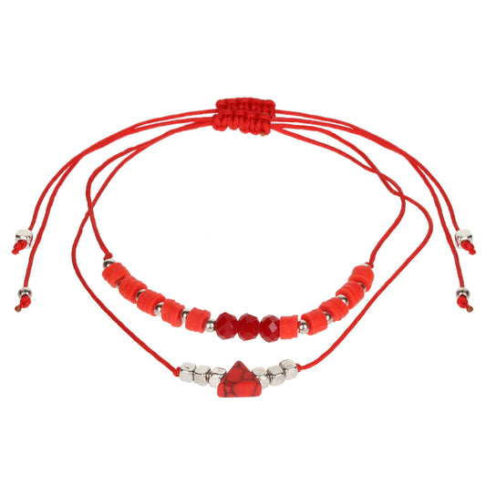 Aloha Summer Anklet Bracelet - Red And Silver/Marble Triangle Charm