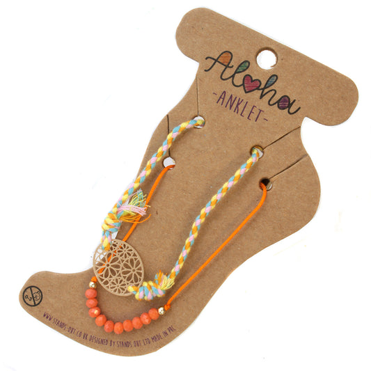 Aloha Summer Anklet Bracelet - Orange/Flower Charm