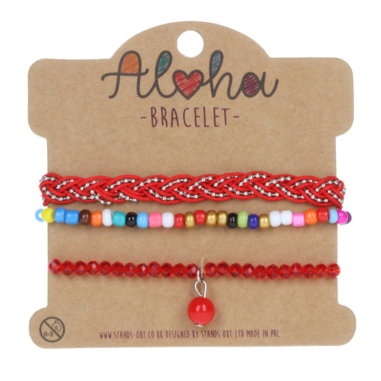 AL067 - Aloha Festival Multi Stack Bracelets -Multicoloured/Red Braid