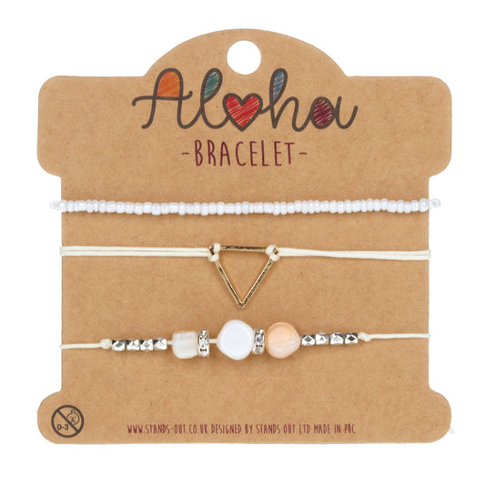 AL069 - Aloha Festival Multi Stack Bracelets - White/Silver And Pearl Charms