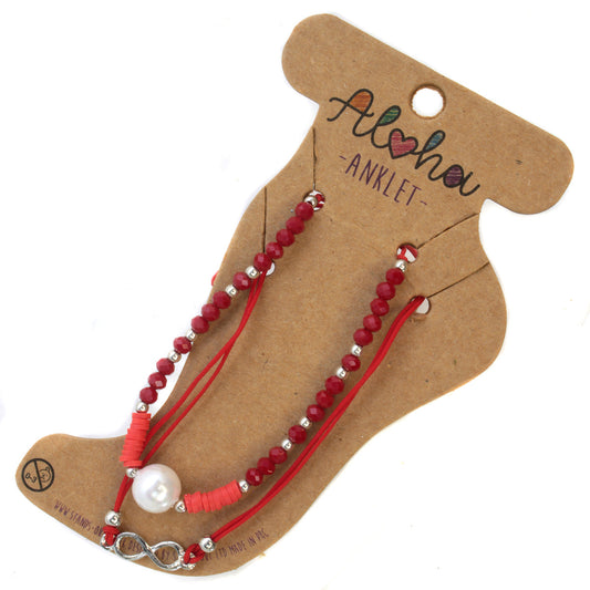 AL070 - Aloha Summer Anklet Bracelet - Red And Silver/Infinity Charm