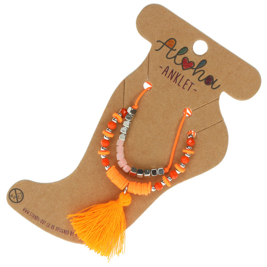 AL071 - Aloha Summer Anklet Bracelet - Orange And Silver/Tassel
