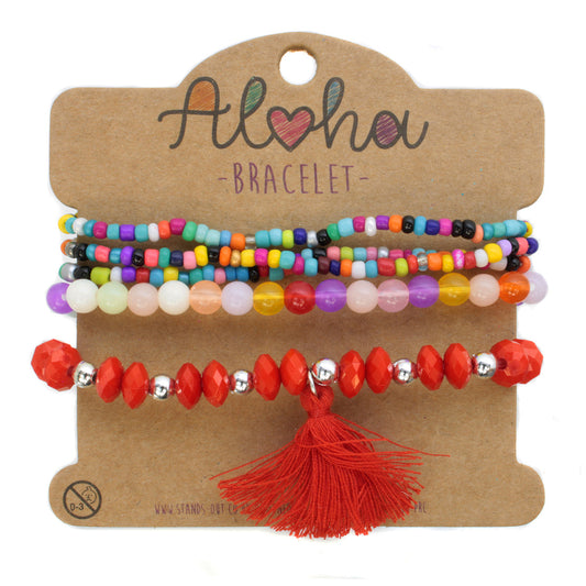 AL073 - Aloha Festival Multi Stack Bracelets - Multicoloured/Red Tassel