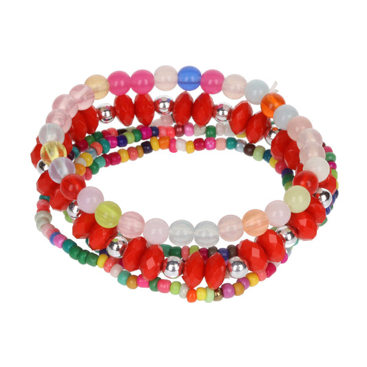 AL073 - Aloha Festival Multi Stack Bracelets - Multicoloured/Red Tassel