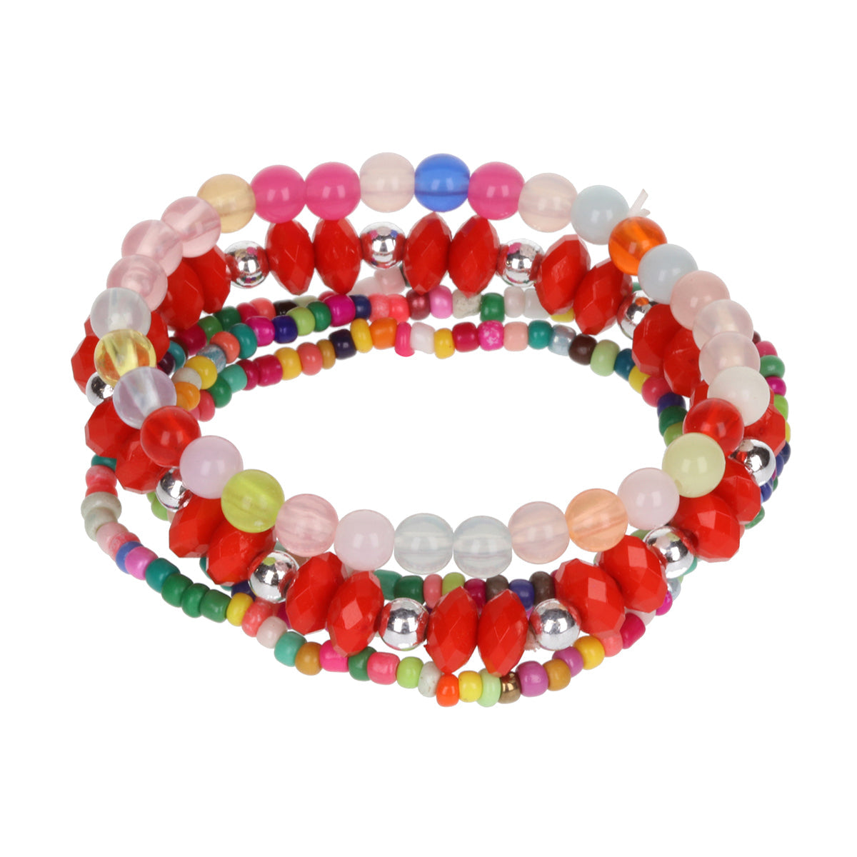 AL073 - Aloha Festival Multi Stack Bracelets - Multicoloured/Red Tassel