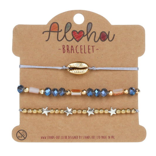 AL074 - Aloha Festival Multi Stack Bracelets - Silver And Gold/Shell Charm