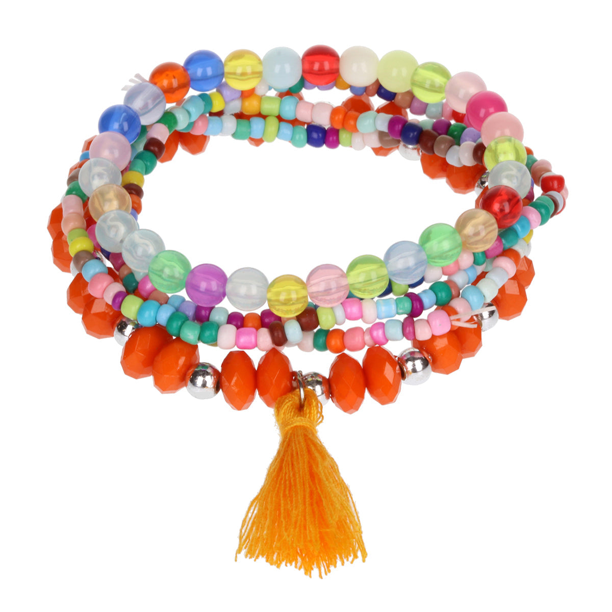 AL080 - Aloha Festival Multi Stack Bracelets - Multicoloured/Orange Tassel