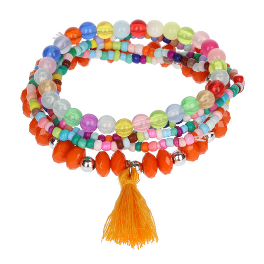 AL080 - Aloha Festival Multi Stack Bracelets - Multicoloured/Orange Tassel