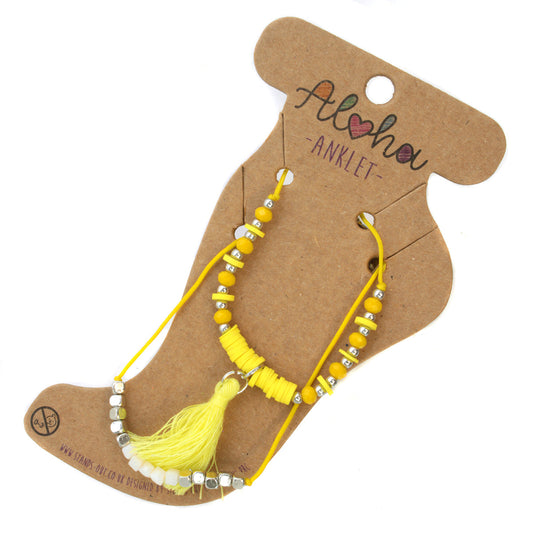 Aloha Summer Anklet Bracelet - Yellow And Silver/Tassel