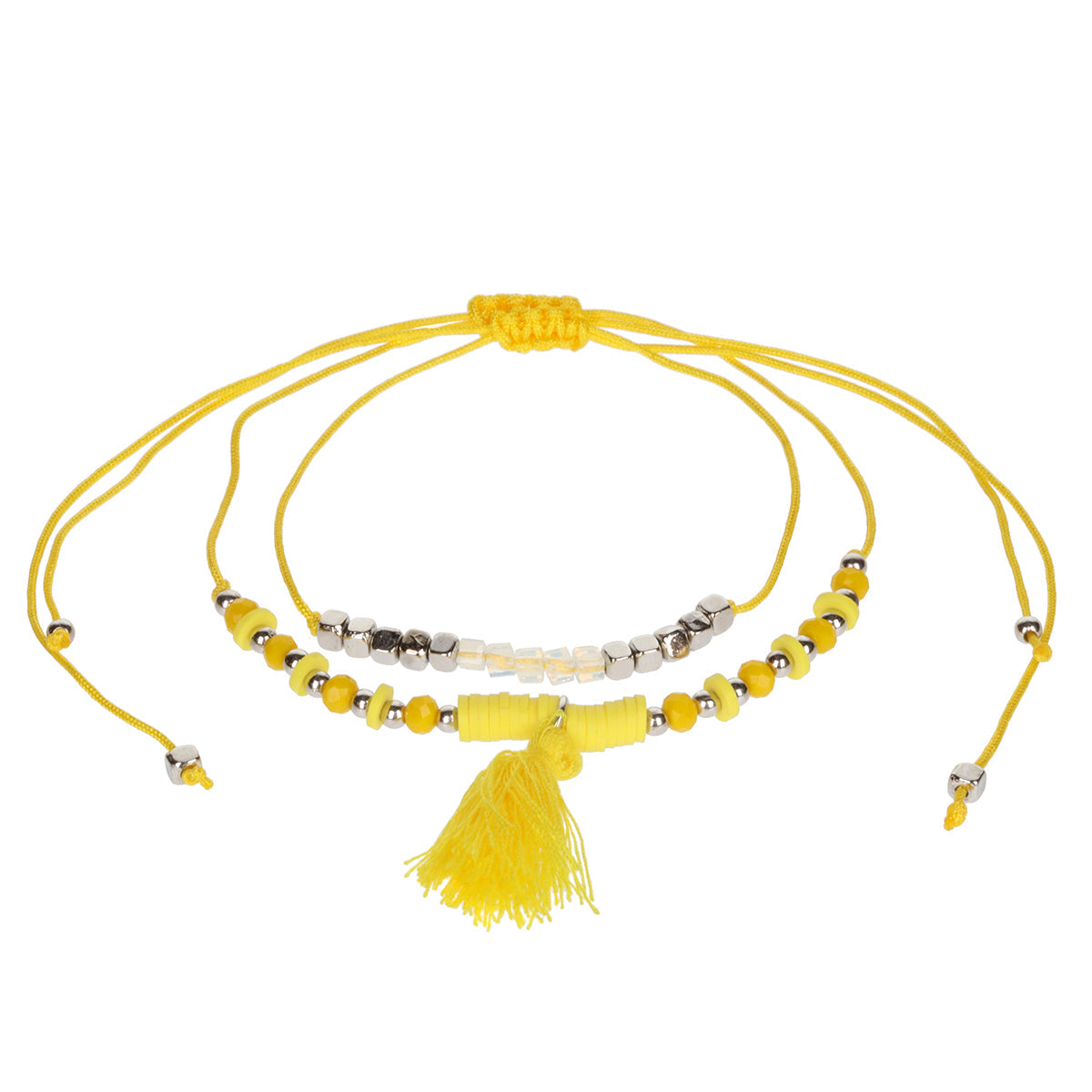 AL083 - Aloha Summer Anklet Bracelet - Yellow And Silver/Tassel