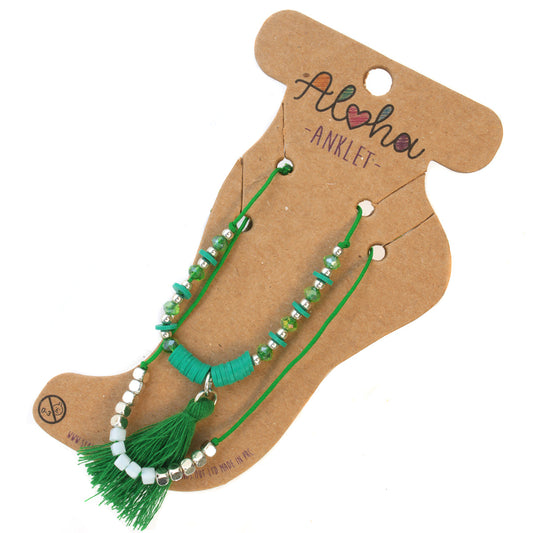 Aloha Summer Anklet Bracelet - Green And Silver/Tassel