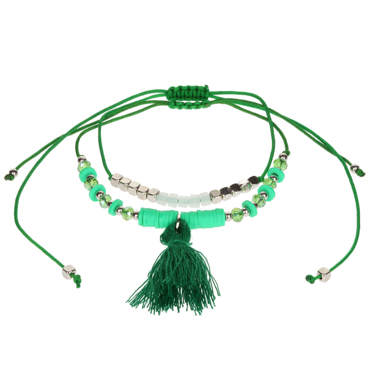 AL084 - Aloha Summer Anklet Bracelet - Green And Silver/Tassel