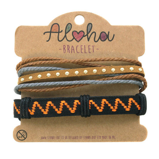 AL086 - Aloha Festival Multi Stack Bracelets  - Black And Orange Zig-Zag