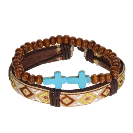 AL087 - Aloha Festival Multi Stack Bracelets - Wooden Beads/Blue Crosses