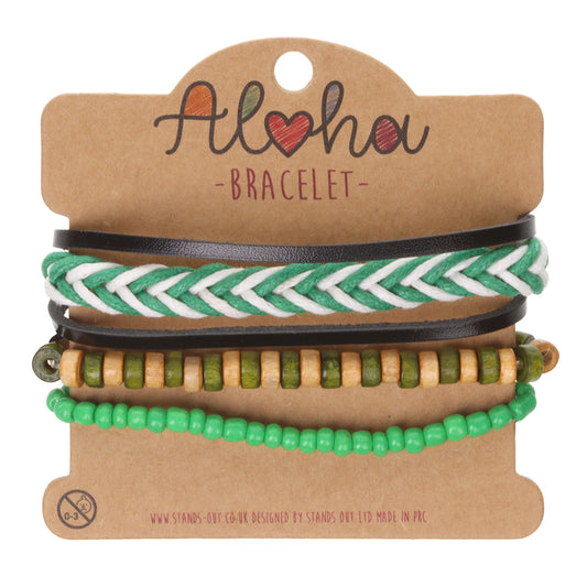 Aloha Festival Multi Stack Bracelets - Green And White/Wooden Beads