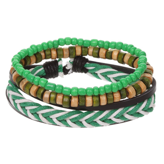 AL091 - Aloha Festival Multi Stack Bracelets - Green And White/Wooden Beads