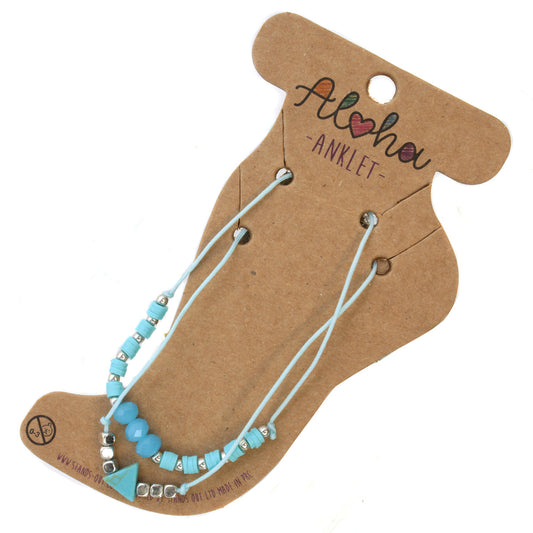AL102 - Aloha Summer Anklet Bracelet - Sky Blue And Silver/Marble Triangle Charm