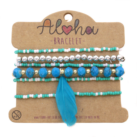 Aloha Festival Multi Stack Bracelets - Turquoise And Blue/Feather Charm