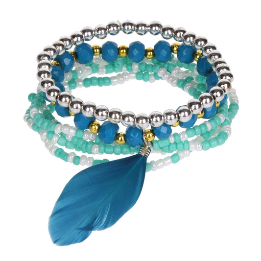 AL104 - Aloha Festival Multi Stack Bracelets - Turquoise And Blue/Feather Charm