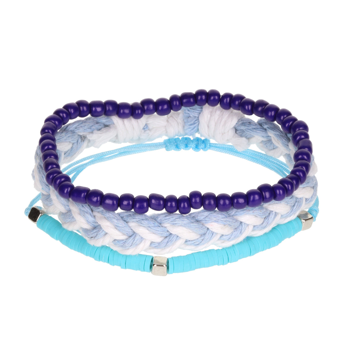AL105 - Aloha Festival Multi Stack Bracelets - Blue And White Chunky Braid