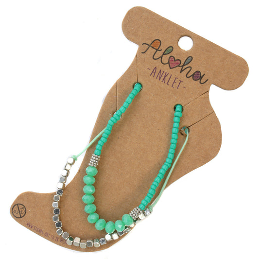 Aloha Summer Anklet Bracelet - Turquoise/Silver Cubed Beads