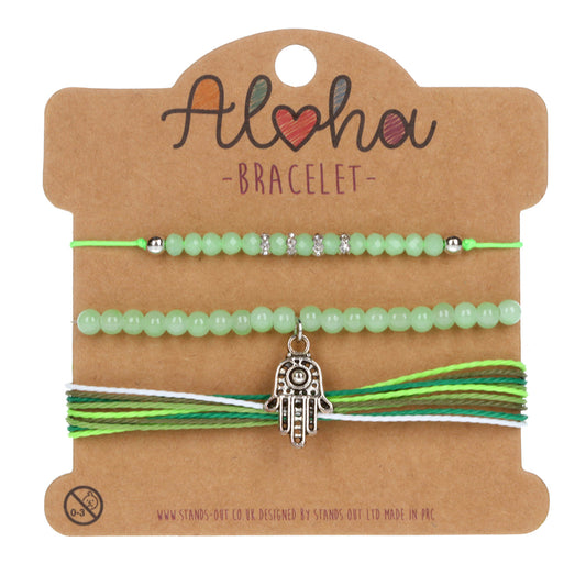 Aloha Festival Multi Stack Bracelets - Green/Hand Of Hamsa Charm