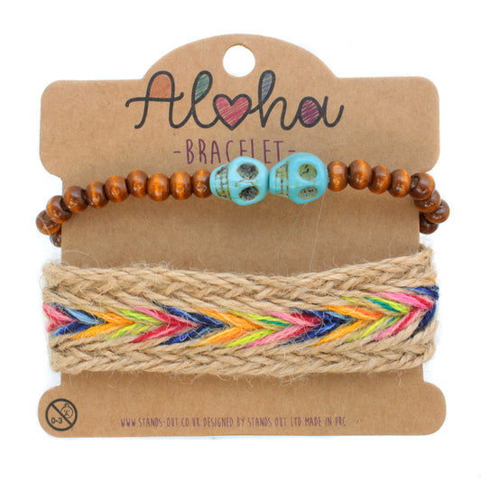 AL110 - Aloha Festival Multi Stack Bracelets - Multicoloured Chunky Braid/Blue Skulls