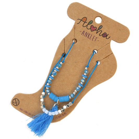 AL114 - Aloha Summer Anklet Bracelet - Blue And Silver/Tassel