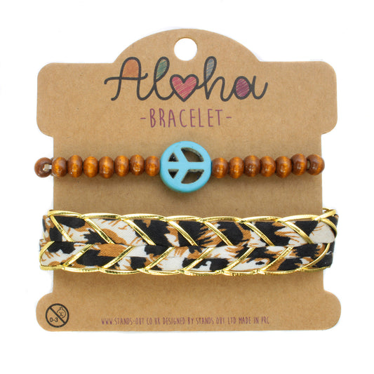 AL116 - Aloha Festival Multi Stack Bracelets - Chunky Flower Braid/Blue Peace Charm