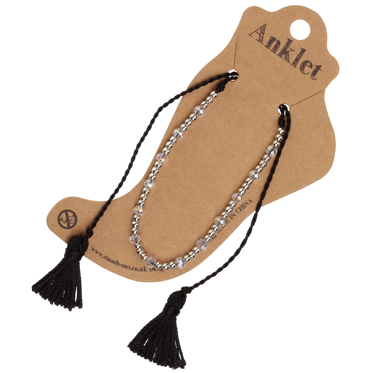 AN10 - Black Anklet With Silver Beads And Tassels