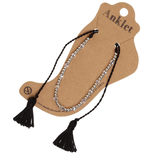 AN10 - Black Anklet With Silver Beads And Tassels