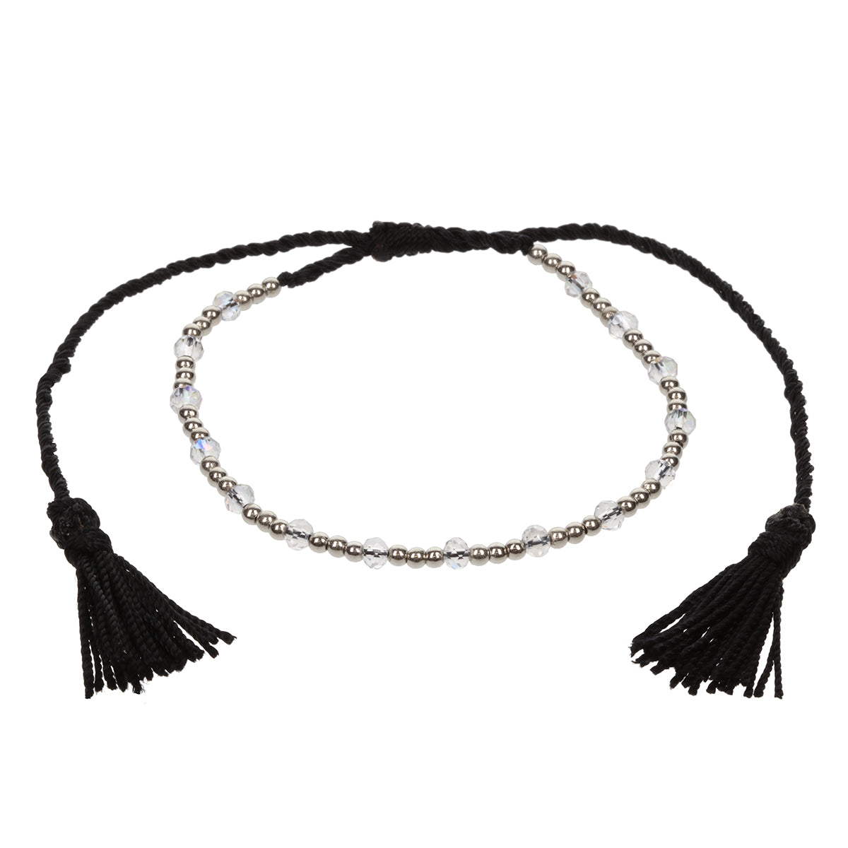 AN10 - Black Anklet With Silver Beads And Tassels
