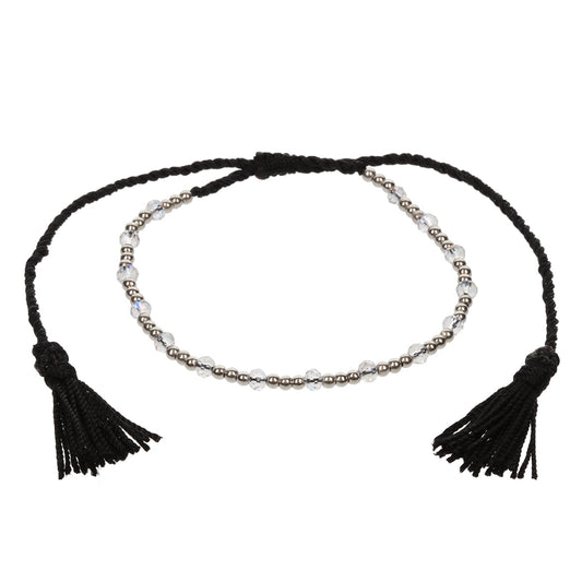 AN10 - Black Anklet With Silver Beads And Tassels
