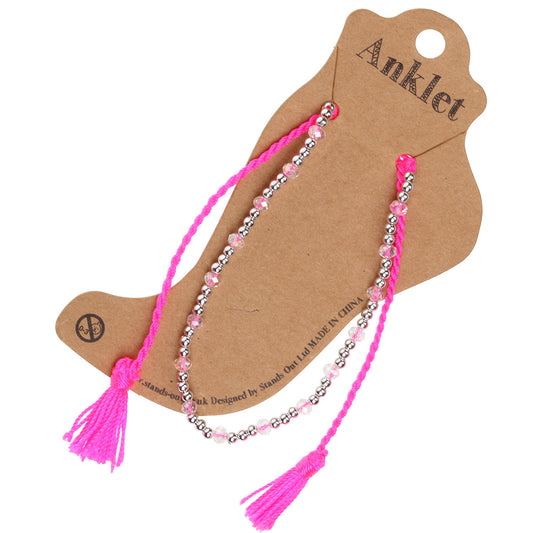 AN11 - Hot Pink Anklet With Silver Beads And Tassels