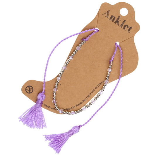 Lilac Anklet With Silver Beads And Tassels