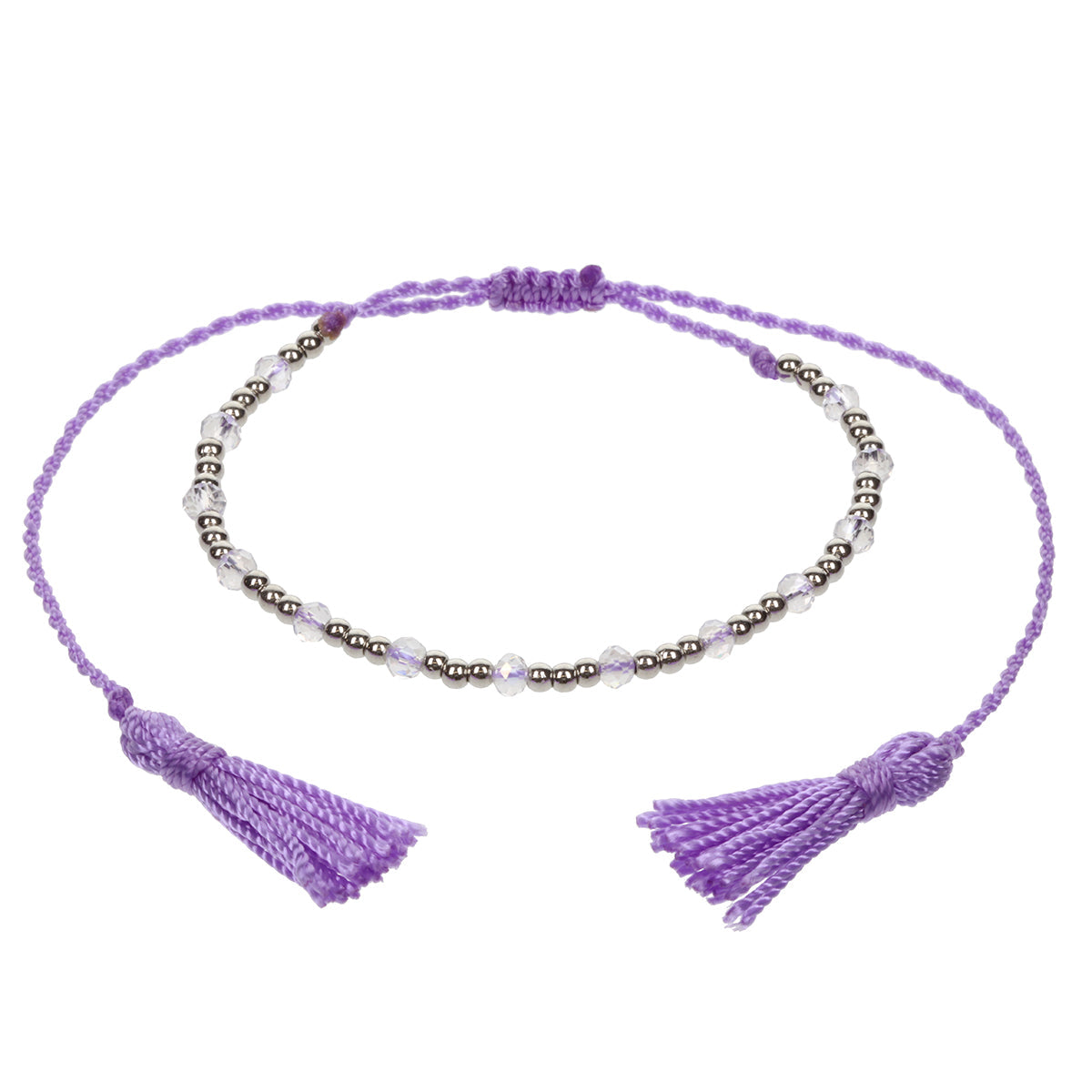 AN12 - Lilac Anklet With Silver Beads And Tassels