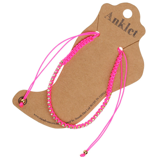 Hot Pink Braided Anklet With Diamantes